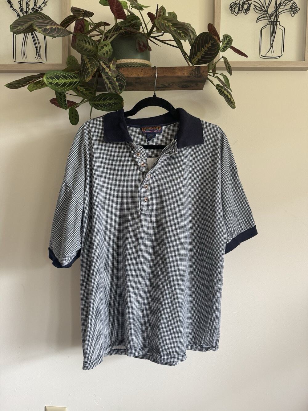 Highland Outfitters‎ Mens L Polo Shirt Navy Blue White Gingham Check 100% Cotton
